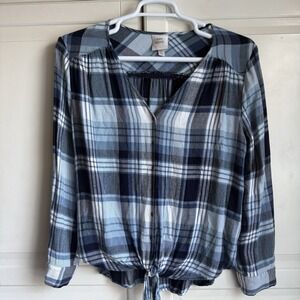 Knox Rose Flannel Top Blouse Womens Large Blue Plaid Tie Front Comfy Cozy